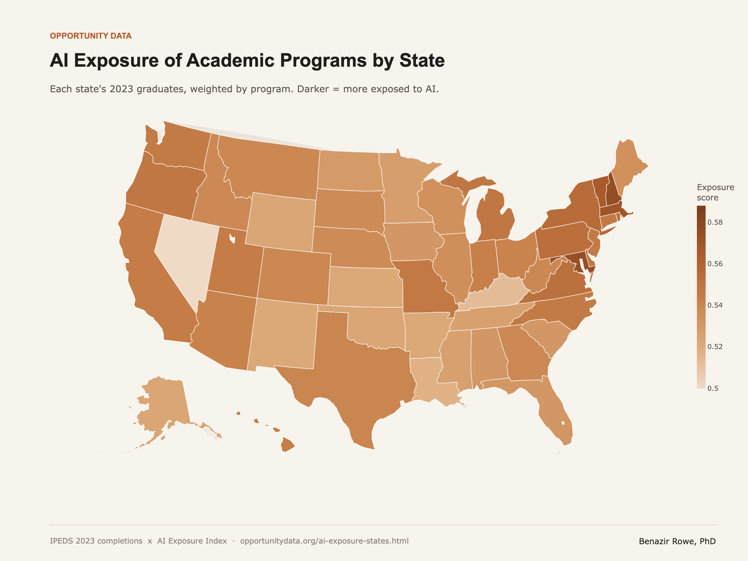 AI exposure of academic programs by state, 2023