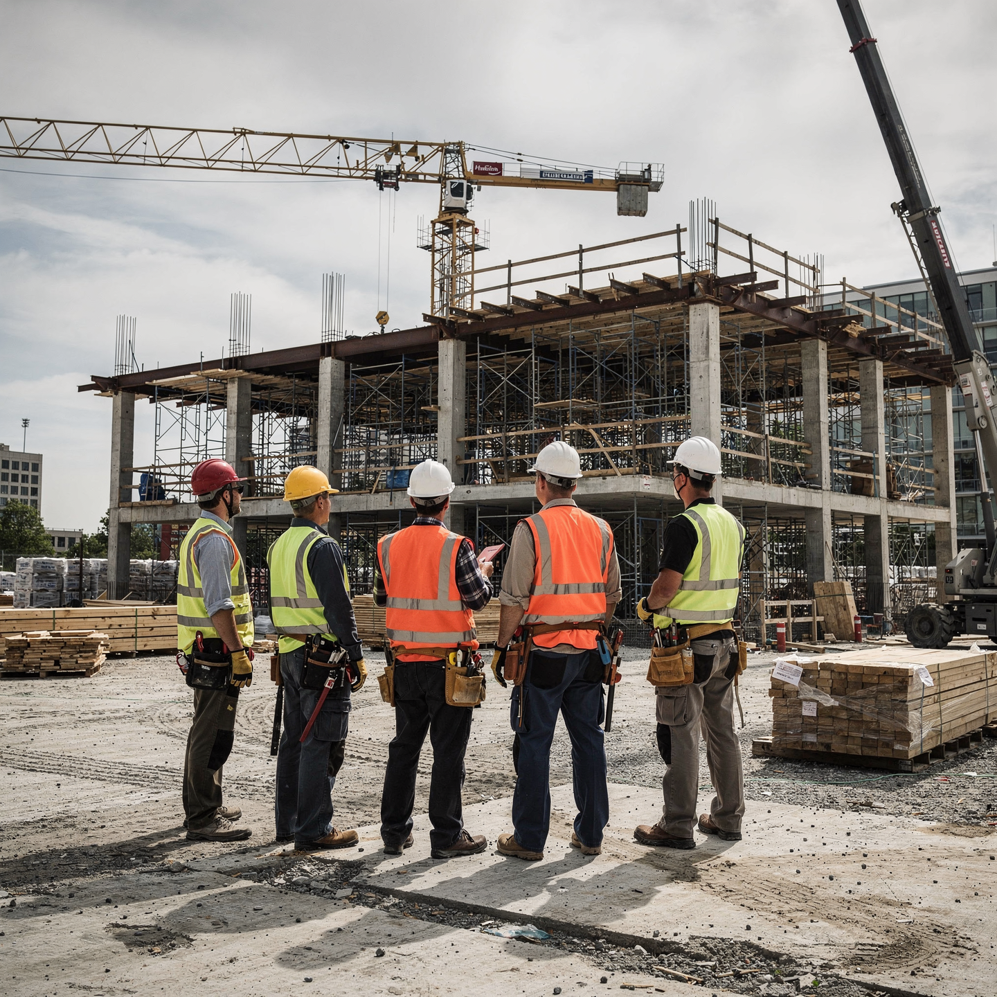 Workers in hard hats on a construction site