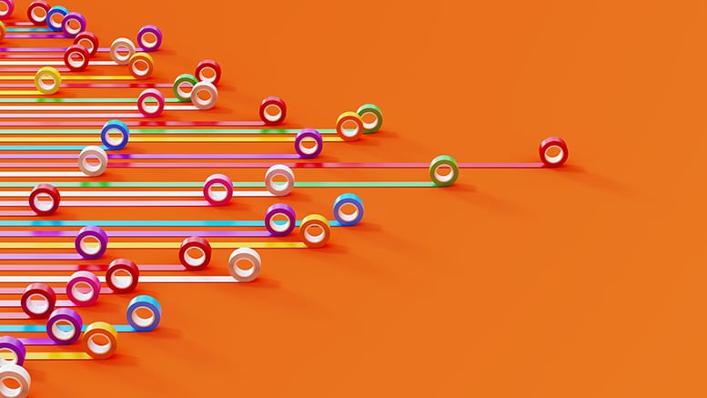 Colorful map pins on an orange background